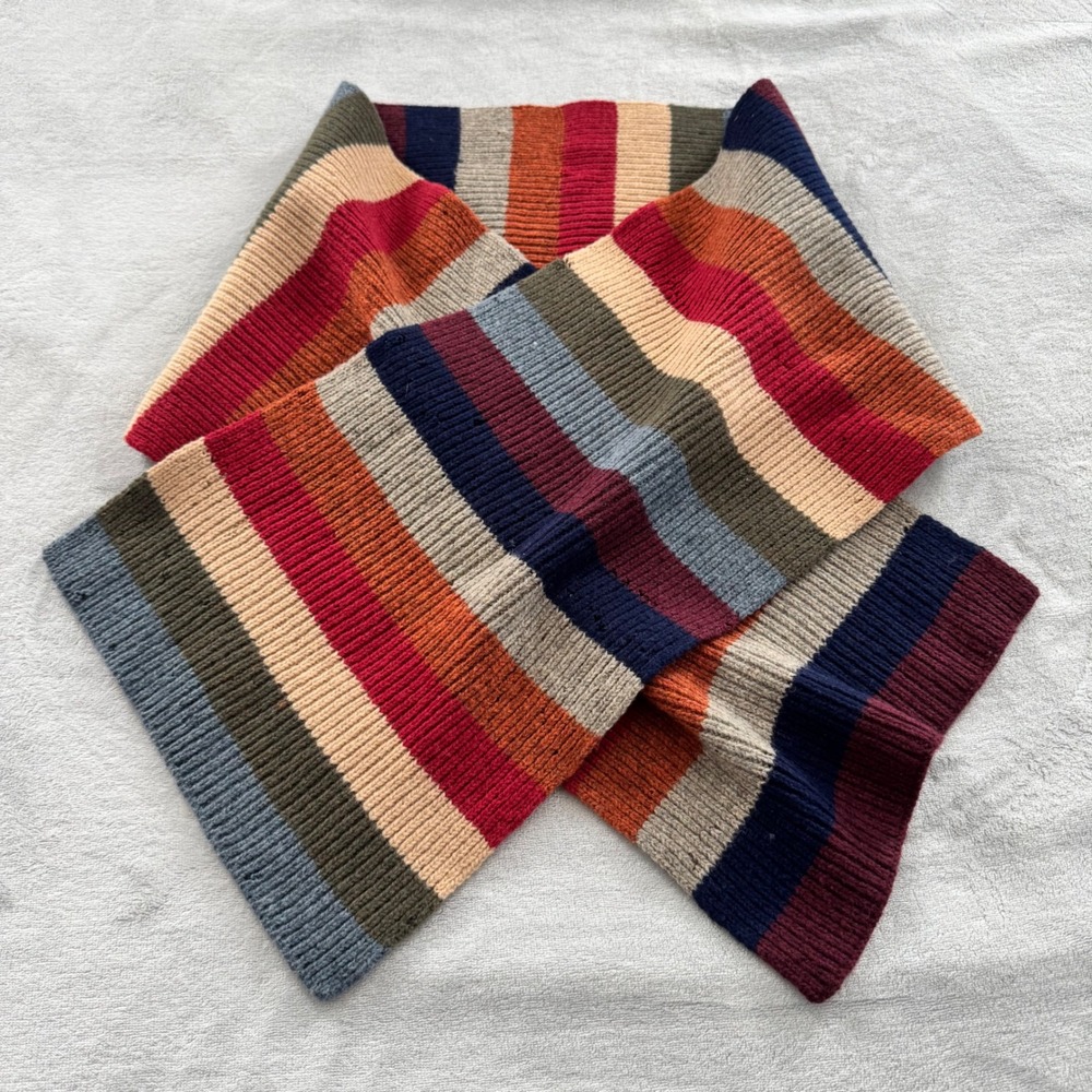 GAP 100% Lambswool Striped Ribbed Knit Scarf Multicolor Navy Olive Orange 63x12